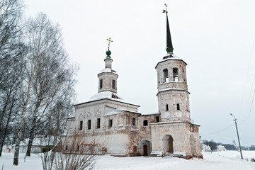 Old Orthodox Church on the embankment in Veliky Ustyug, Russia, in winter