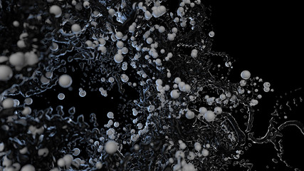 3d render abstract liquid particles splash on the black background with depth of field