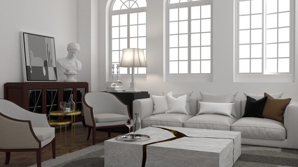 Interior design of white room with arched windows in modern classic style with neutral tone color scheme, add more luxury feeling with reflecting of aged gold furniture. 3d illustration.