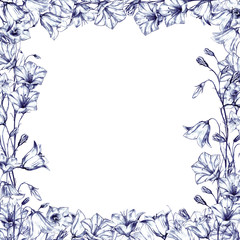 Fototapeta na wymiar Hand drawn floral square frame with graphic bluebell flowers on white background