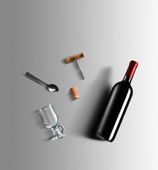 Naklejka premium Mulled wine recipe ingredients and kitchen accessories, bottle of red wine, cinnamon, anise stars, orange, brown sugarand spice on gray background.