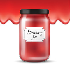 Vector realistic glass jar with strawberry jam and flowing jam in the background
