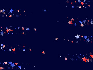 Fototapeta na wymiar Flying red blue white star sparkles vector american patriotic background.