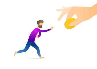 Fototapeta na wymiar Desperate man chasing a money. Cartoon hand with golden coin. Сrisis concept. Modern style vector illustration for landing page, website, banners and presentation.