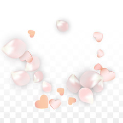 Vector Realistic Petals and Hearts Confetti. Flying Sakura and Hearts on Transparent Background. Wedding Invitation Background. Spring Romance Poster. Vector Illustration for Anniversary Design.
