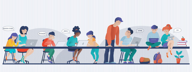 Banner - kids learning computer science in class