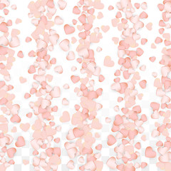 Love Hearts Confetti Falling Background. St. Valentine's Day pattern Romantic Scattered Hearts. Vector Illustration for Cards, Banners, Posters, Flyers for Wedding, Anniversary, Birthday Party, Sales.