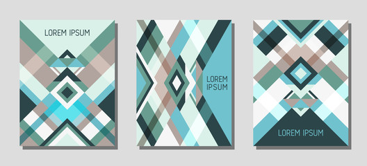 Cover page layout vector template geometric design with triangles and stripes pattern in teal, turquoise, grey.