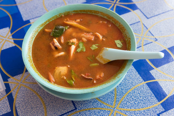 Thai Tom Yum (hot and sour) soup at road side cafe