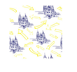 Fototapeta premium Seamless with cathedral Santiago de Compostela with yellow arrows