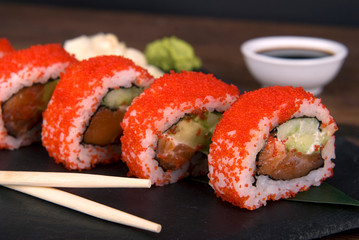 Traditional Japanese sushi on the slate dish