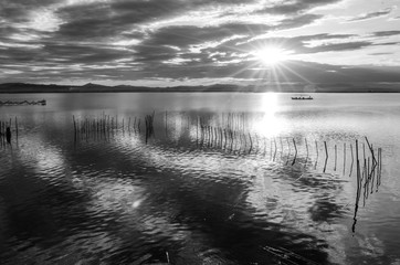 Black and white sunset on one day cloudy in the famous lake of the albufera of Valencia, Spain.