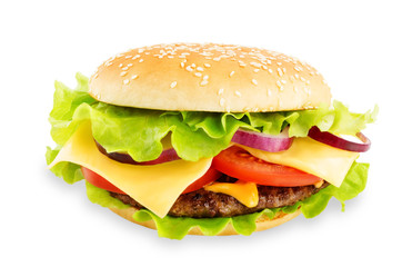 Meat Burger with salad, cheese, tomato and cheese sauce isolated