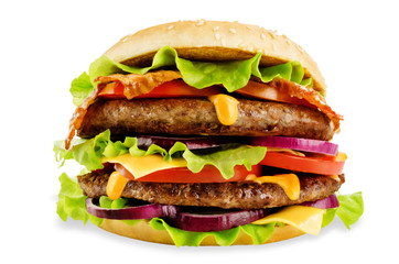 Meat Burger with salad, cheese, tomato and cheese sauce isolated