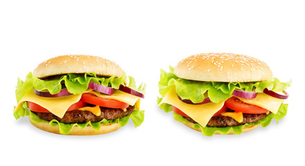 Meat Burger with salad, cheese, tomato and cheese sauce isolated