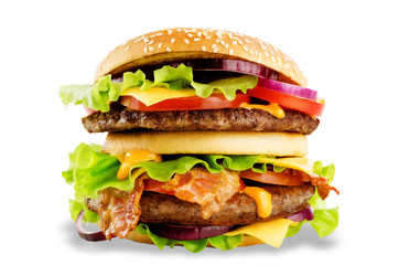 Meat Burger with salad, cheese, tomato and cheese sauce isolated