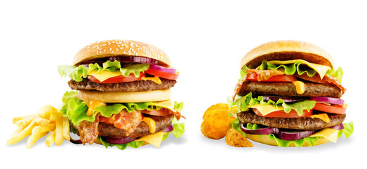 Meat Burger with salad, cheese, tomato and cheese sauce isolated