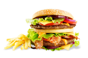 Meat Burger with salad, cheese, tomato and cheese sauce isolated