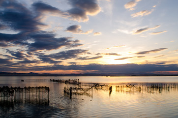 Sunset on one day cloudy in the famous lake of the albufera of Valencia, Spain.