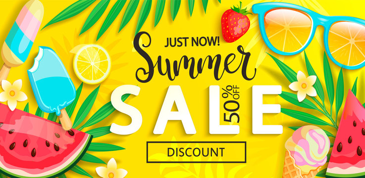 Sale banner with symbols for summer time such as ice cream,watermelon, strawberries,sunglasses,lemon.Vector illustration of discount template card, wallpaper,flyer, invitation, poster,brochure,voucher