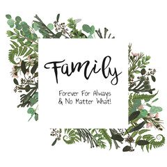 Vector card floral design with green watercolor, eucalyptus, forest fern, herbs, eucalyptus, branches boxwood, buxus, brunia, botanical green, decorative frame, square. Cute greeting, 