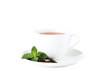 Cup of tea with mint leafs isolated on white background