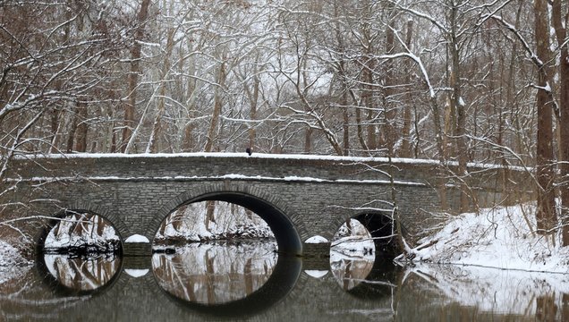 The stone bridge in the park on a snowy winter day.