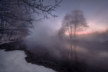 Frosty Dawn Over the Steaming River. Kraskovo. Moscow region.