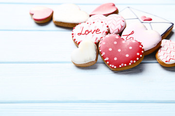 Valentine day heart shaped cookies on wooden table