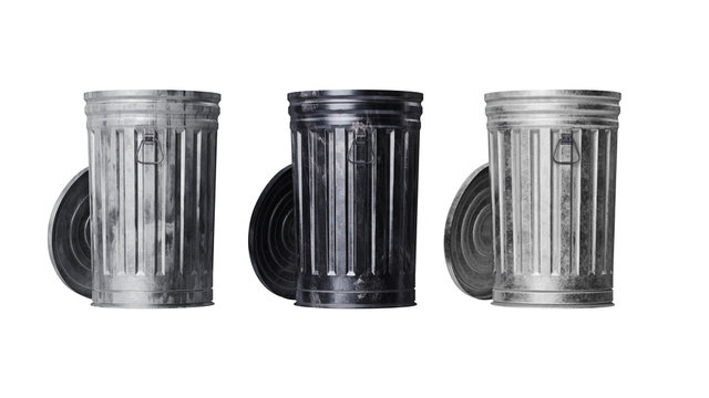 Trash can metal, isolated white background, front view. 3D rendering