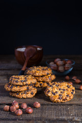Oats cookies with chocolate chips and hazelnuts