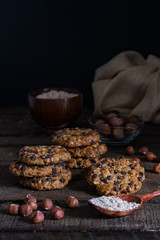 Oats cookies with chocolate chips and hazelnuts