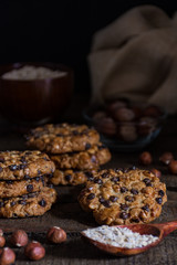 Oats cookies with chocolate chips and hazelnuts
