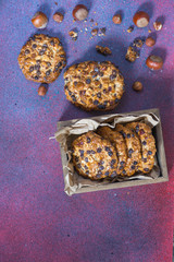 Oats cookies with chocolate chips and hazelnuts