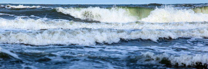 big sea waves with foam, panorama