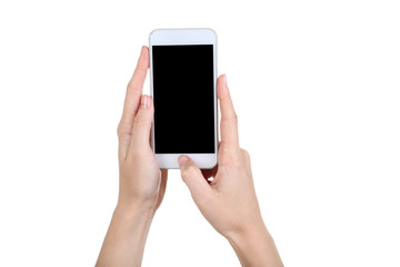Female hands holding smartphone on white background