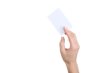 Female hand holding blank card on white background
