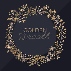 Golden vector floral wreath. Flower wedding invitation template