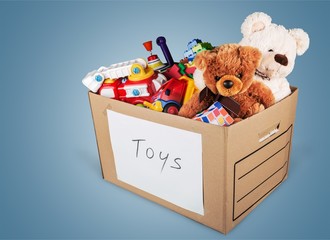Toys collection in box isolated on white background