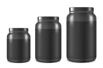 Vector Realistic 3d Black Plastic Jar, Can with Lid Set Closeup Isolated on White Background. Design Template of Whey Protein, Sport Powder, Vitamins, BCAA, Pills, Caps for Mockup. Front View