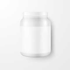 Vector Realistic 3d White Plastic Jar, Can with Lid Closeup Isolated on White Background. Design Template of Whey Protein, Sport Powder, Vitamins, BCAA, Pills, Caps for Mockup. Top View
