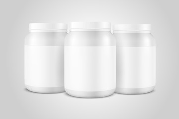 Vector Realistic 3d White Plastic Jar, Can with Lid Set Closeup Isolated on White Background. Design Template of Whey Protein, Sport Powder, Vitamins, BCAA, Pills, Caps for Mockup. Front View