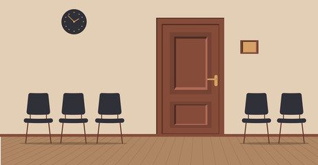 Office corridor on a cream background: waiting area for visitors with chairs and wooden boards on the floor.The door to the cabinet with a sign on the wall, navy wall clock.Vector illustration