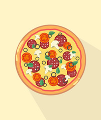 Vector illustration of pizza on a yellow background. Pizza menu illustration isolated.