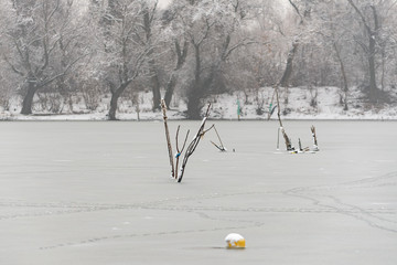Naklejka premium Colorful landscape with snowy trees and beautiful frozen river.