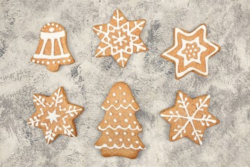 Gingerbread cookies on white background. Snowflake, star