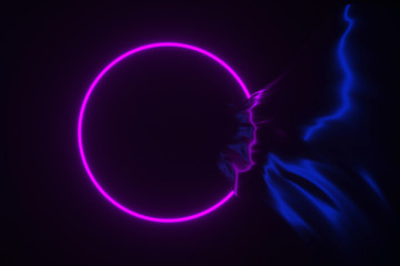 Neon glowing frame on flowing silk background 3d illustration
