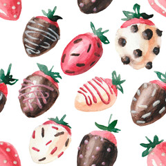 watercolor strawberries in chocolate, seamless pattern