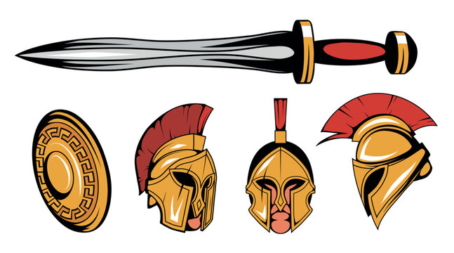 set of roman or spartan warrior head, spartan helmet for head with roman armor and sword, spartan warrior colored drawing, vector graphics to design