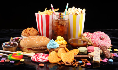 Unhealthy products. food bad for figure, skin, heart and teeth.